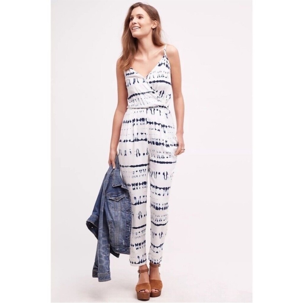 Anthropologie White and Blue Tie-Dye Jumpsuit